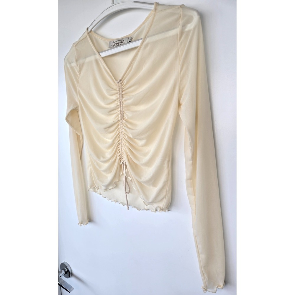 Propaganda Mesh Pull Over Ruched Cinched Top Ivory Women Sz M Y2K Whimsy Festive - Picture 4 of 16